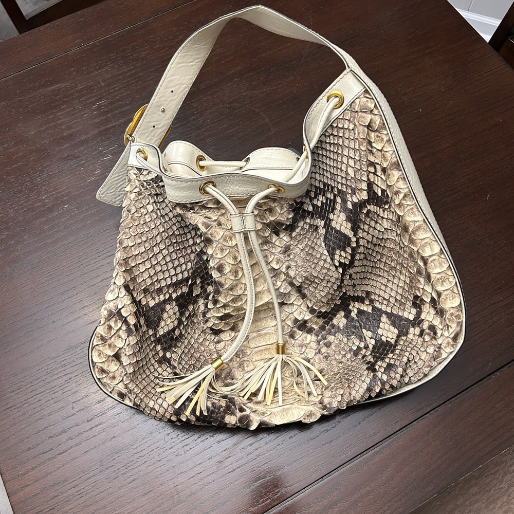 Gucci Beige and Dark Brown Snakeskin Hobo Bag